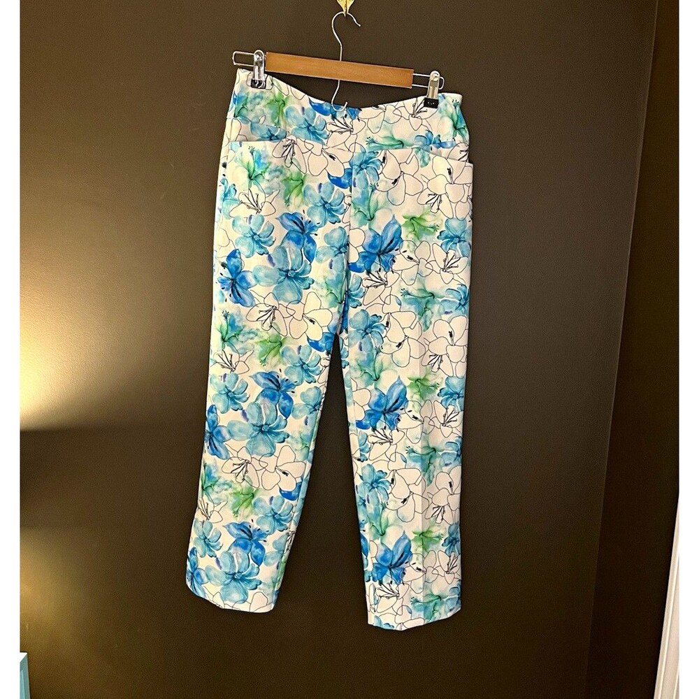 Up! Pants Womens Size 4 Blue Green Floral Pull On Slim Ankle Stretch Pants